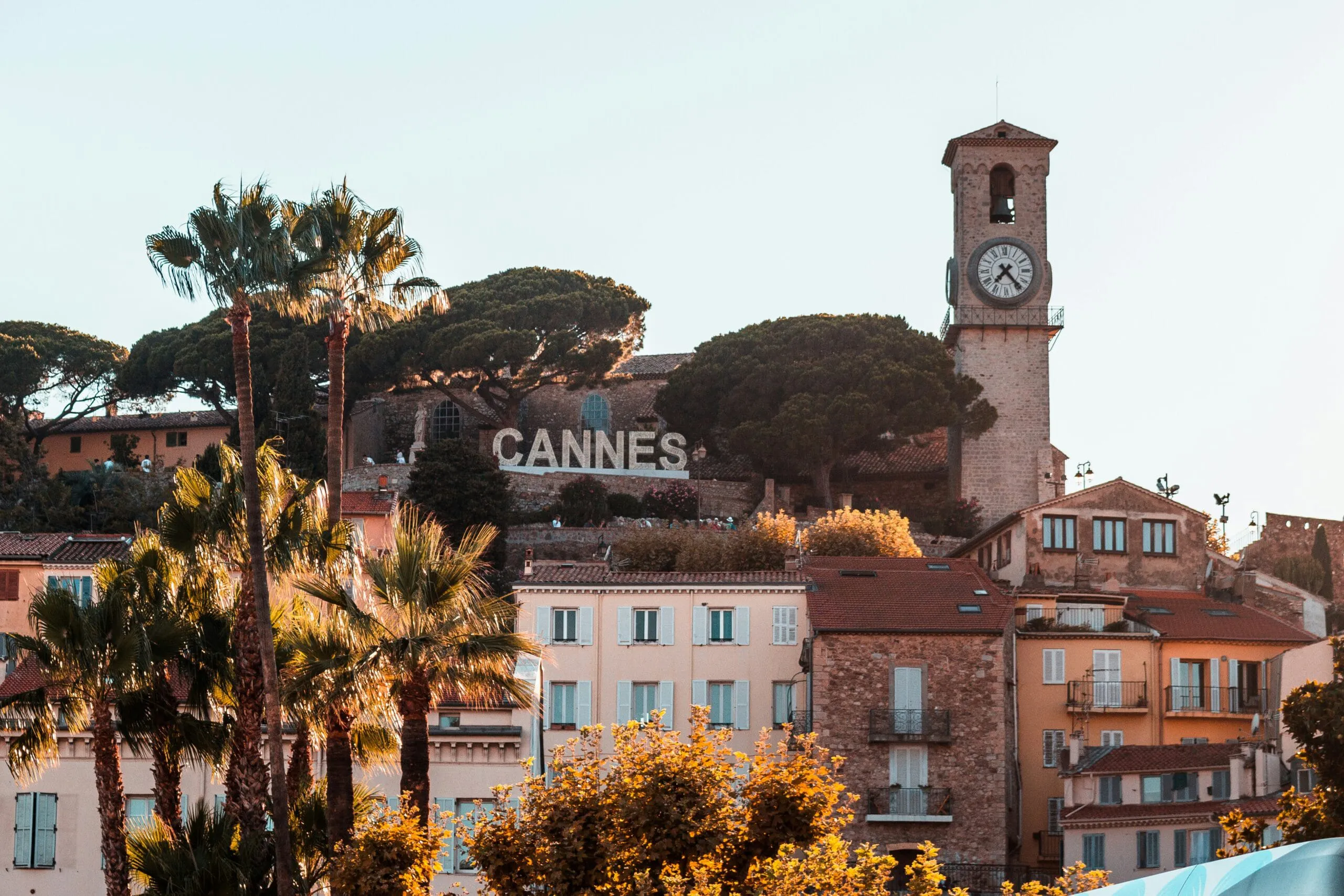 Cannes old town with clock tower and palm trees on the French Riviera in France