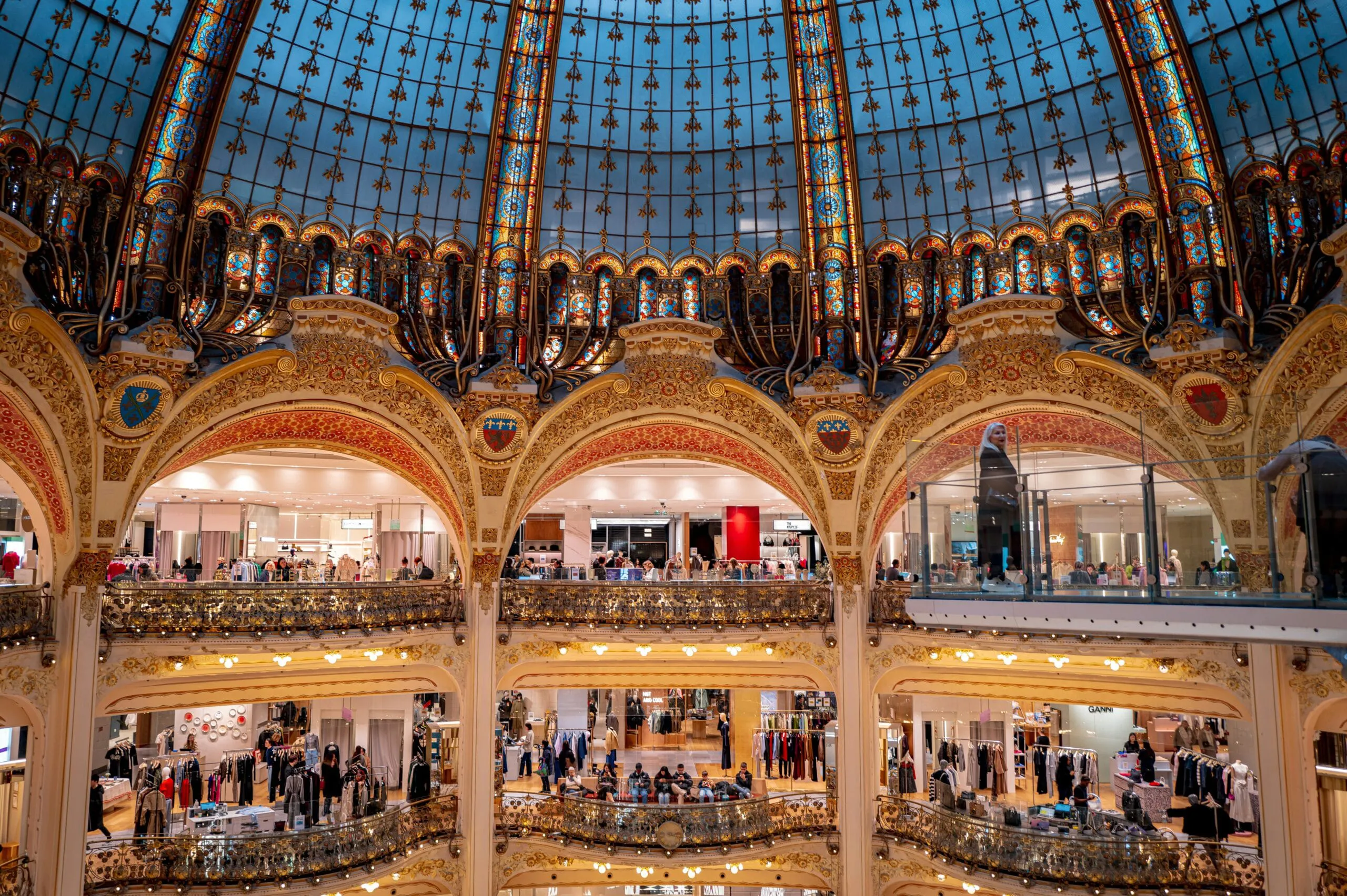 Galeries Lafayette Paris interior with glass dome and luxury shopping galleries