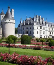 Château de Chenonceau stretching across the River Cher, with its elegant arches reflected in the water.