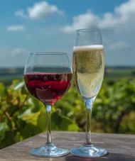 A champagne flute and a red wine glass placed among vineyard rows — symbolizing the Champagne, Burgundy and Lyon 5-Day Tour by Beaurouge.