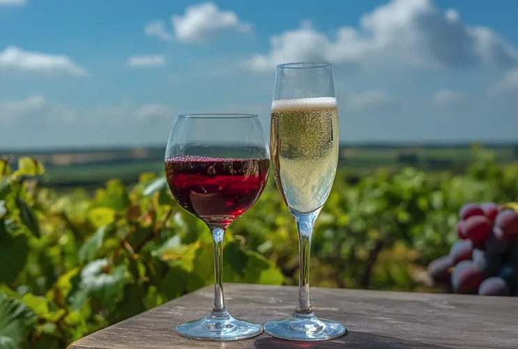 A champagne flute and a red wine glass placed among vineyard rows — symbolizing the Champagne, Burgundy and Lyon 5-Day Tour by Beaurouge.