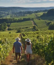 Couple walking hand in hand through Burgundy vineyards — part of the Burgundy customized tour, capturing the region’s charm and elegance.