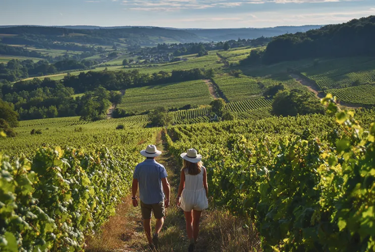 Couple walking hand in hand through Burgundy vineyards — part of the Burgundy customized tour, capturing the region’s charm and elegance.