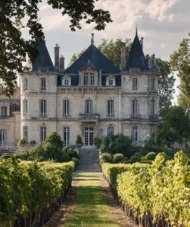 Majestic château surrounded by vineyards in the Médoc wine region, Bordeaux, under warm summer light