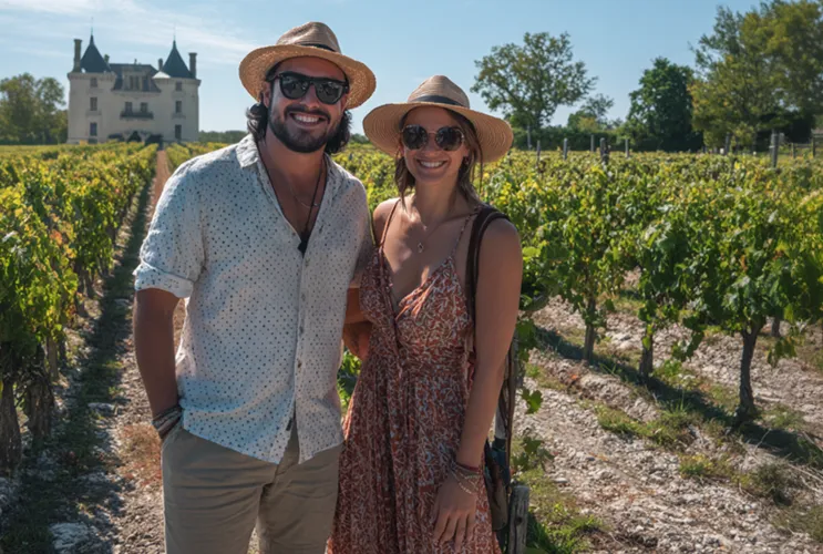 Smiling couple wearing summer hats in Bordeaux vineyards with a château in the background, Saint-Émilion wine region