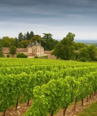 Vibrant green vineyard with a traditional château in Lalande-de-Pomerol, Bordeaux, under a moody sky