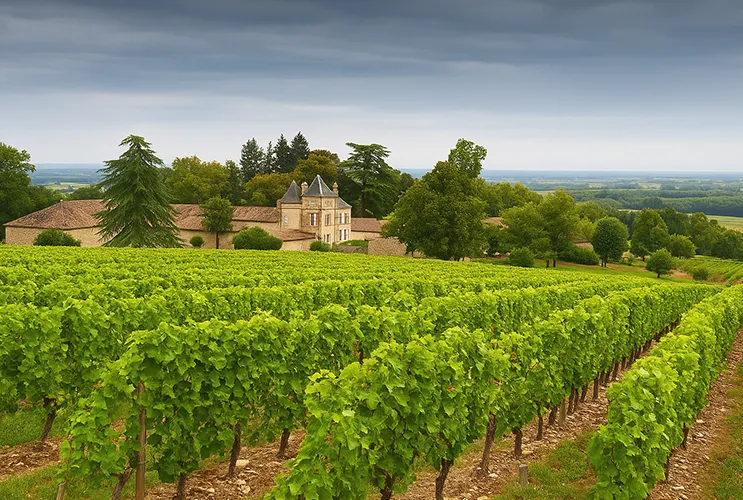 Vibrant green vineyard with a traditional château in Lalande-de-Pomerol, Bordeaux, under a moody sky