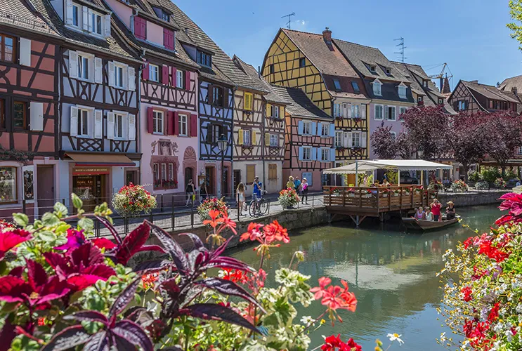 Picturesque view of a canal street in Colmar, France, with colorful flowers along the water and half-timbered houses.