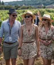 Three people walking through the vineyards of Burgundy during the Paris and Burgundy 5-Day Tour, enjoying wine, scenery, and French art de vivre.