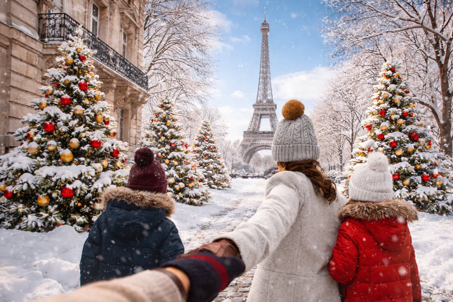 Family walking toward the Eiffel Tower in winter with decorated Christmas trees and snow in Paris
